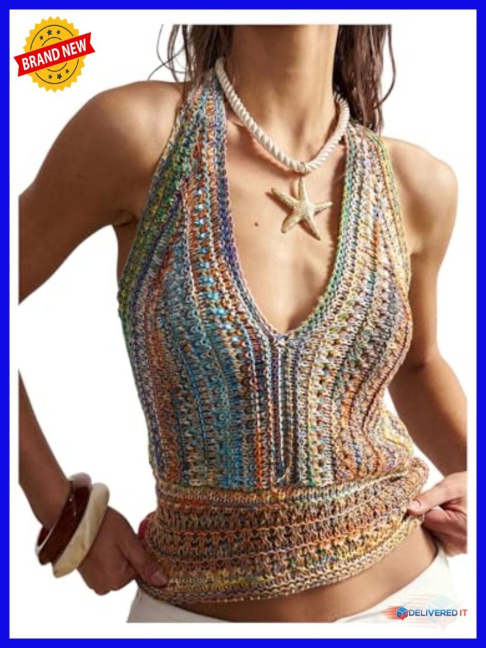 Women's Crochet Knit Halter Tank Top Backless Tie Back Sleeveless